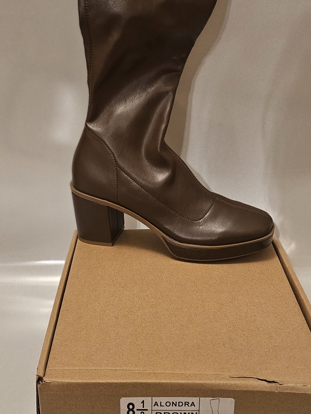Brown Leather Platform Block Heel Boot- Right Below The Knee